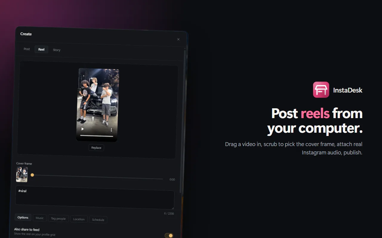 The InstaDesk composer open on instagram.com, with a carousel queued, a caption written and a cover frame selected.