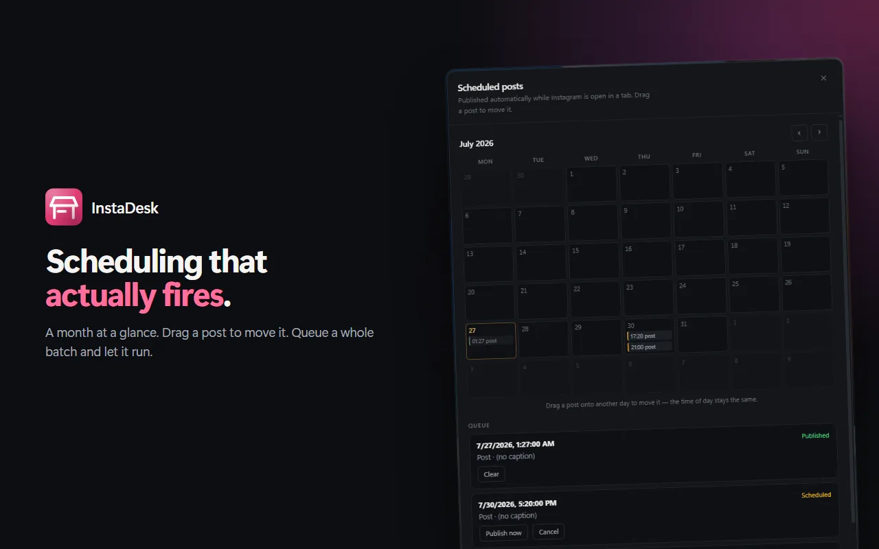 The InstaDesk scheduling calendar, showing queued posts laid out across a month.
