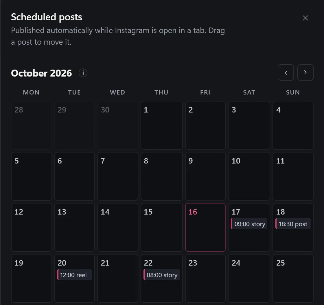 Scheduled posts in October 2026: a month calendar with a story at 09:00 on the 17th, a post at 18:30 on the 18th, a reel at 12:00 on the 20th and a story at 08:00 on the 22nd.
