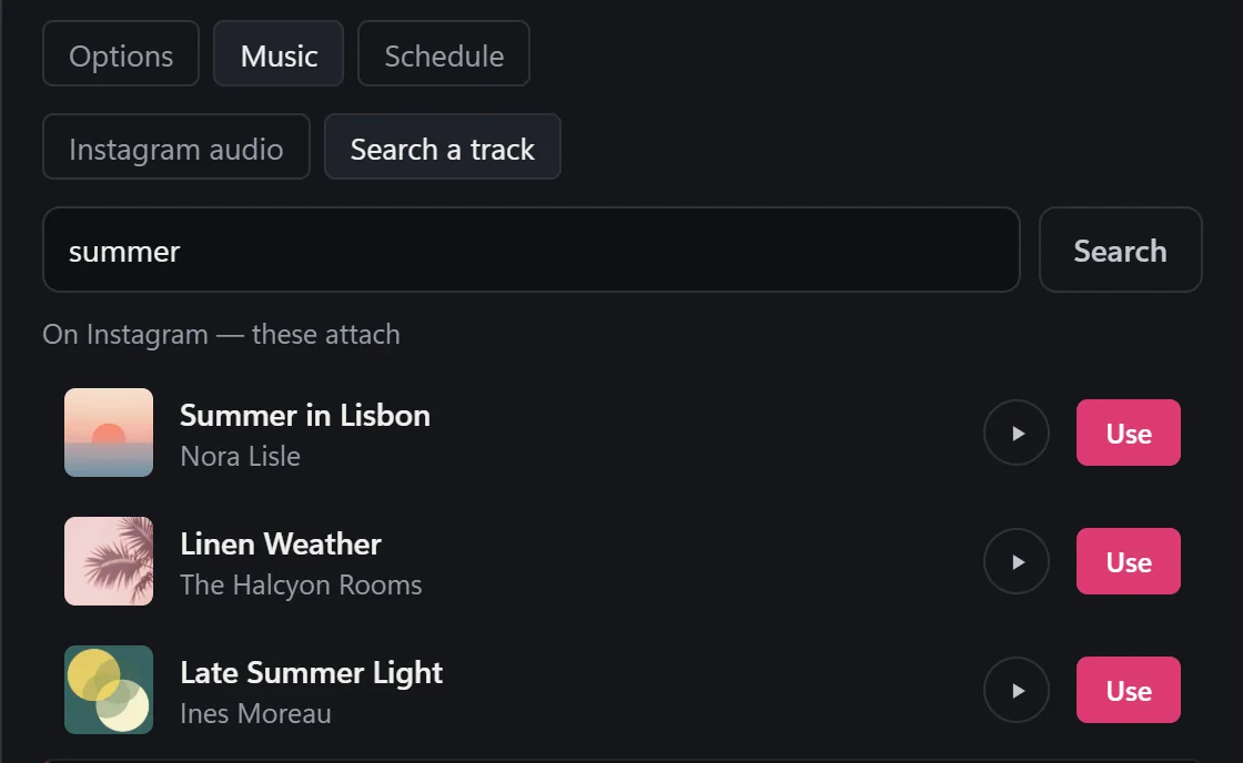 The composer's Music tab on Search a track: a search for summer, and under On Instagram, these attach, three songs with their covers, a play button and a Use button each.