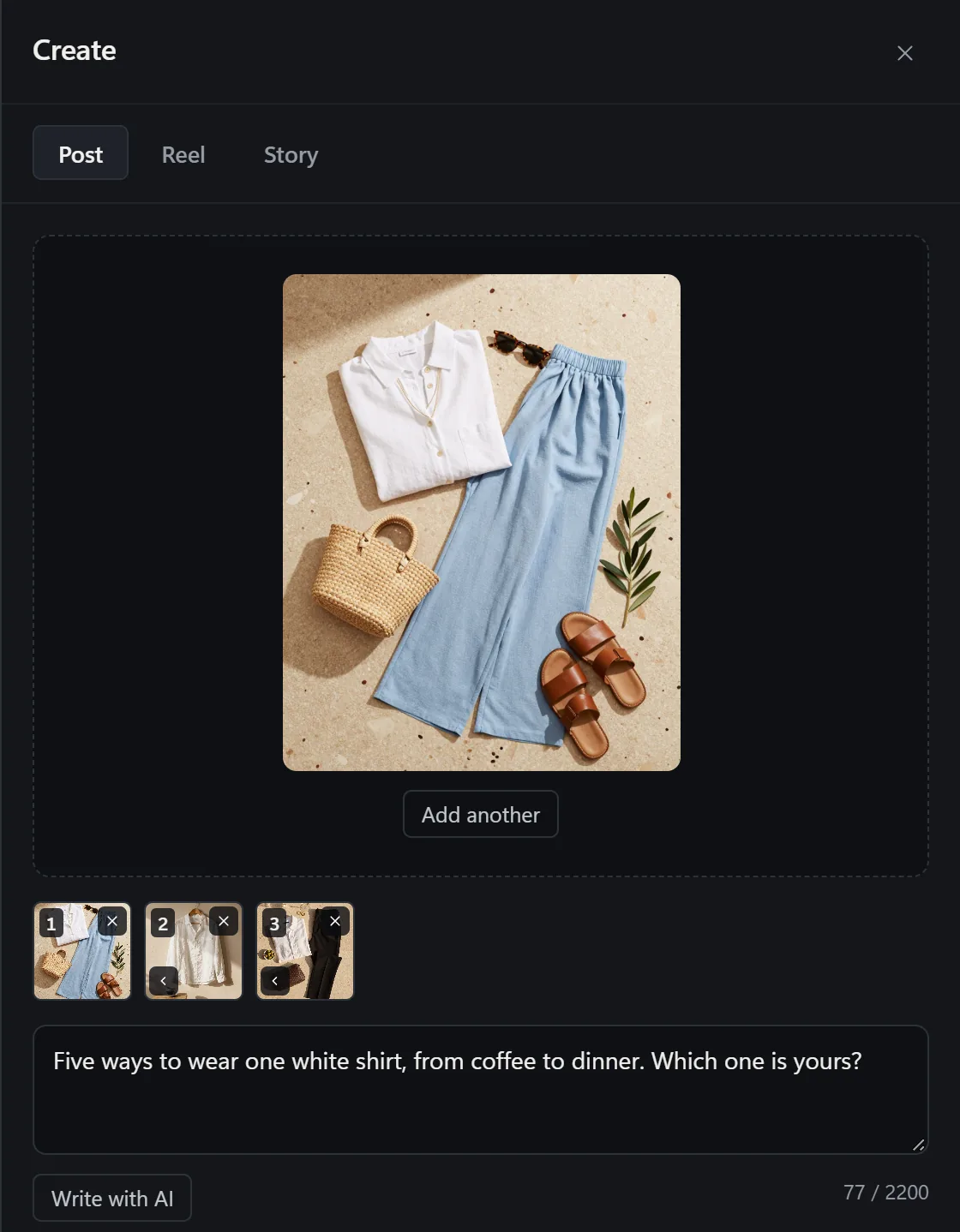 InstaDesk's composer on Post: a carousel of three photos, the first a flat-lay of a white shirt and blue trousers, the three numbered under it, and the caption Five ways to wear one white shirt, from coffee to dinner. Which one is yours?