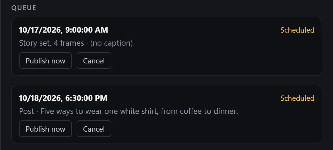 The queue under the calendar: a story set of 4 frames, then a post, each marked Scheduled with Publish now and Cancel.