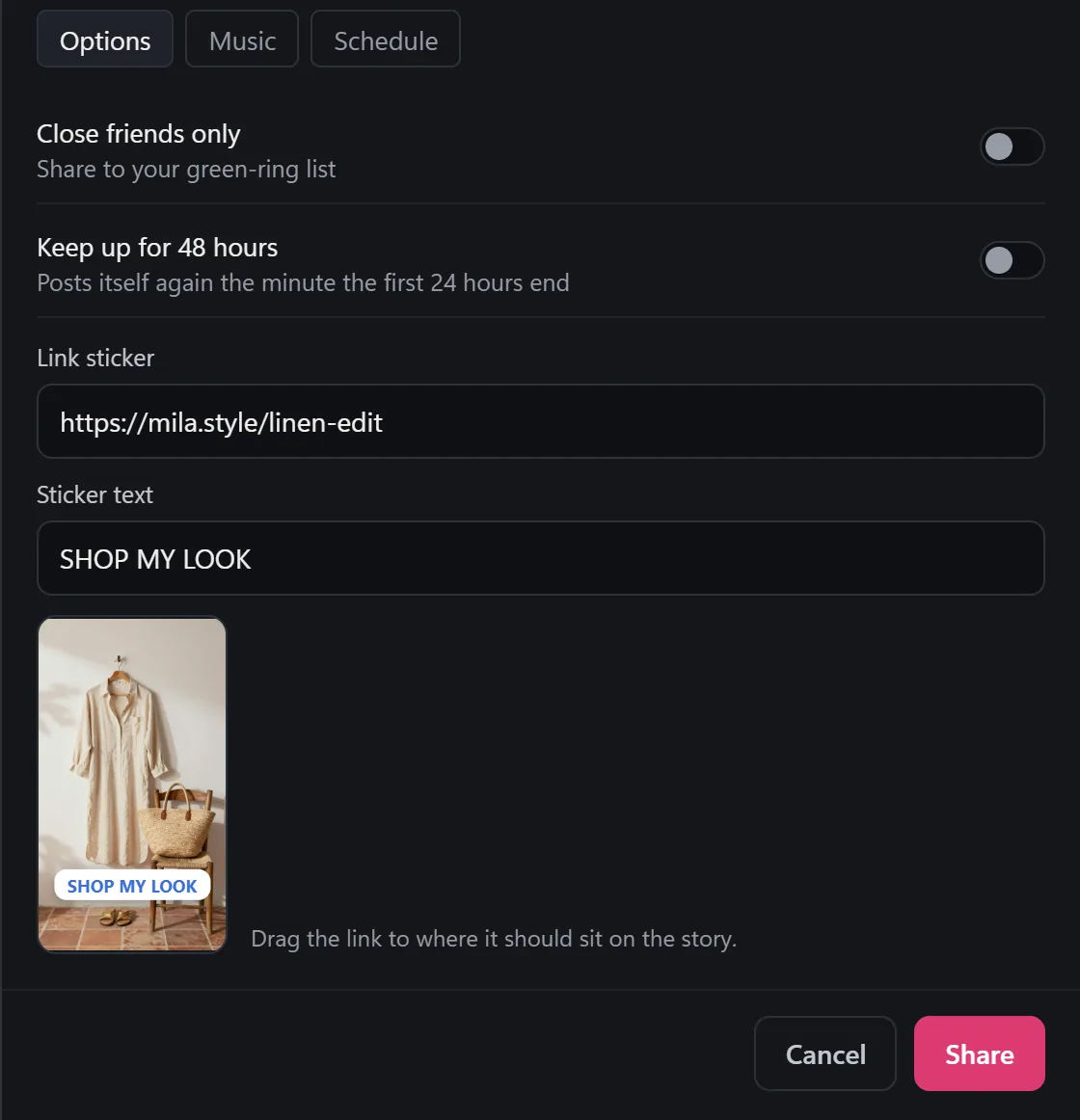 InstaDesk's story composer: the link sticker field holds https://mila.style/linen-edit, the sticker text field says SHOP MY LOOK, and a small 9:16 preview shows the sticker on the photo, with Cancel and Share below.