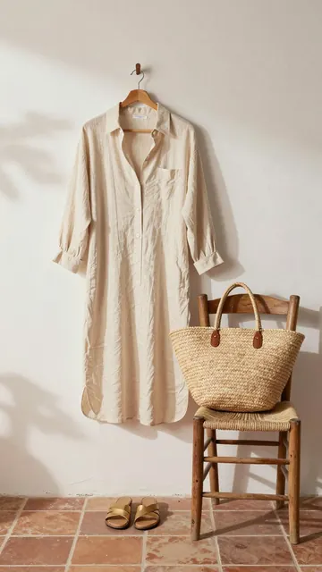 A story: a linen dress on a hanger beside a chair, with a link sticker that reads SHOP MY LOOK.