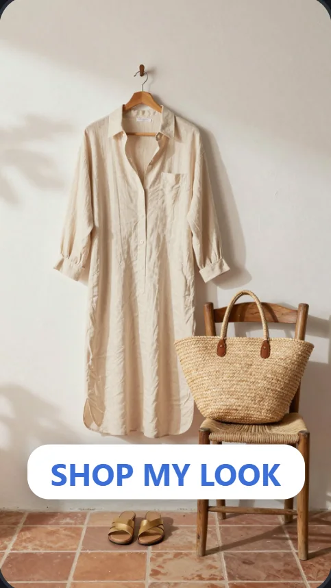 The story the composer made: a linen dress on a hanger beside a chair with a straw bag, and a white link sticker that reads SHOP MY LOOK.
