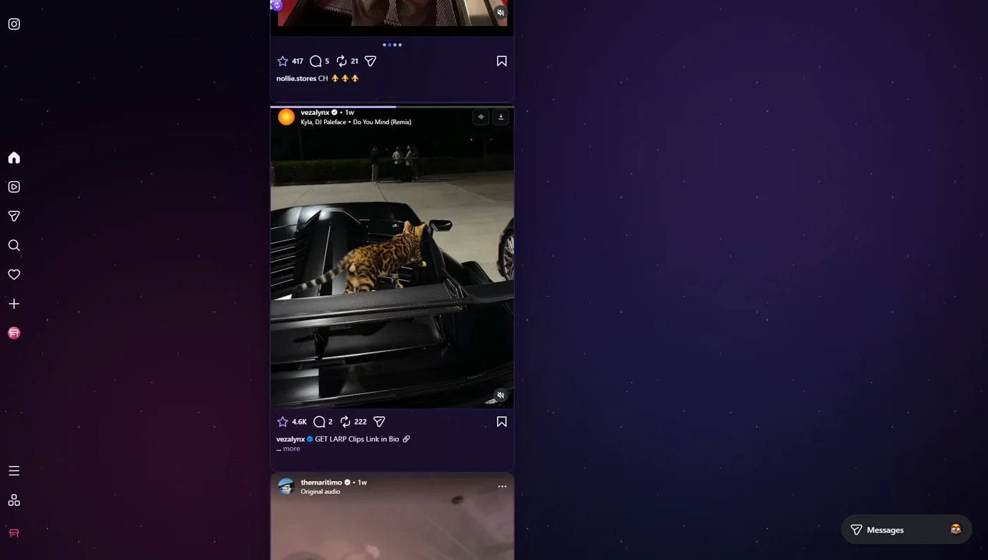 The whole Instagram website restyled by the Galaxy theme — violet starfield background, dark violet post cards, and a star in place of every like button.