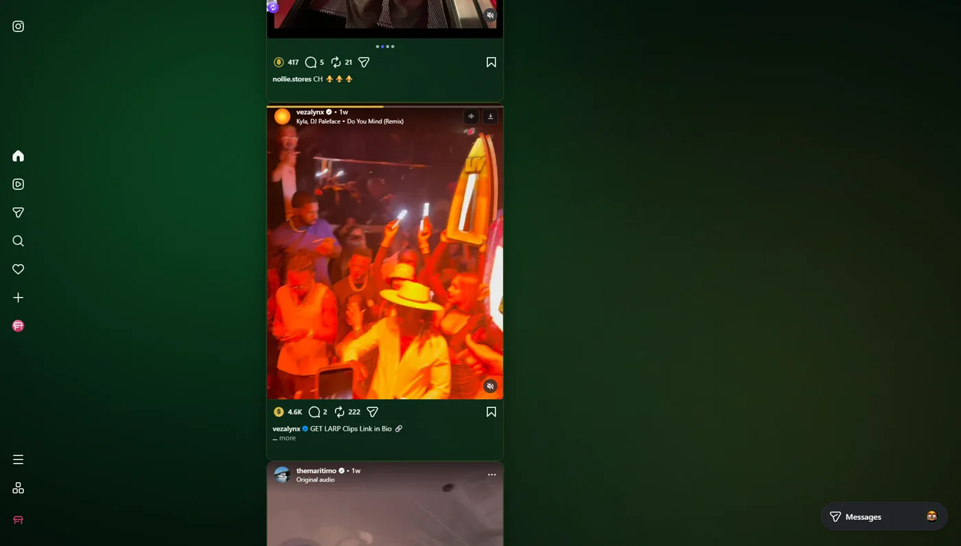 The whole Instagram website restyled by the Money theme — deep green background, green post cards, and a gold coin in place of every like button.